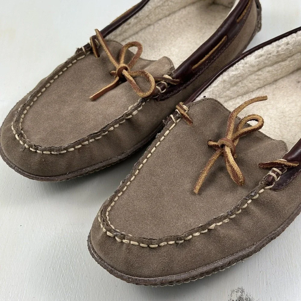 LL‎ Bean  HandSewn Shearling Lined Slippers Mens 8Brown Roughout Suede Moccasins
